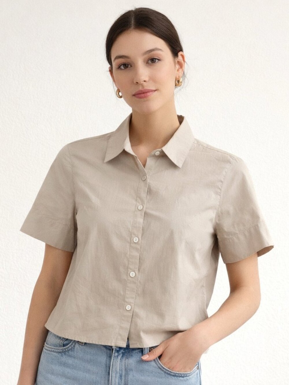 Banana Republic Womens Cropped Slim-Fit Button-front Stretch Shirt Khaki XS